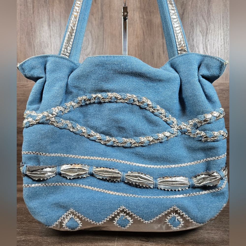 Vintage Y2K Denim Blue Metallic Silver Full Zip Shoulder Bag Purse Warren Reed